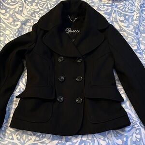 GUESS Black Double-Breasted Peacoat with Wide Lapels